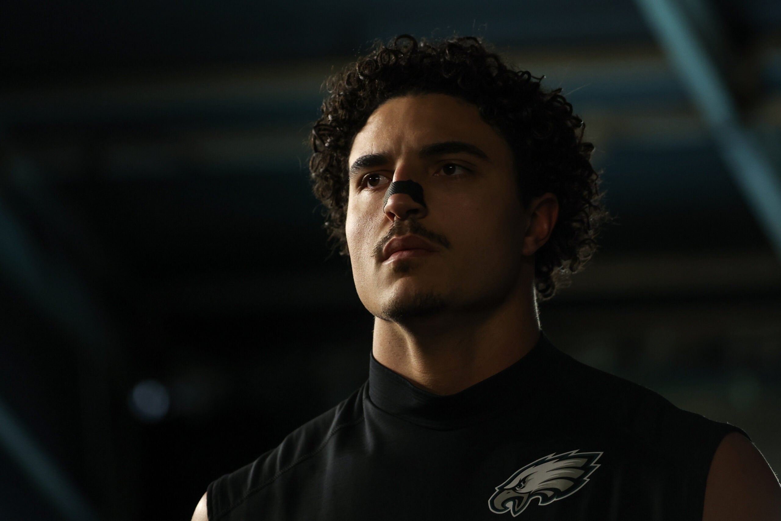 Nov 28, 2025; Philadelphia, Pennsylvania, USA; Philadelphia Eagles linebacker Jaelan Phillips (50) walks through the tunnel prior to the game against the Chicago Bears at Lincoln Financial Field.
