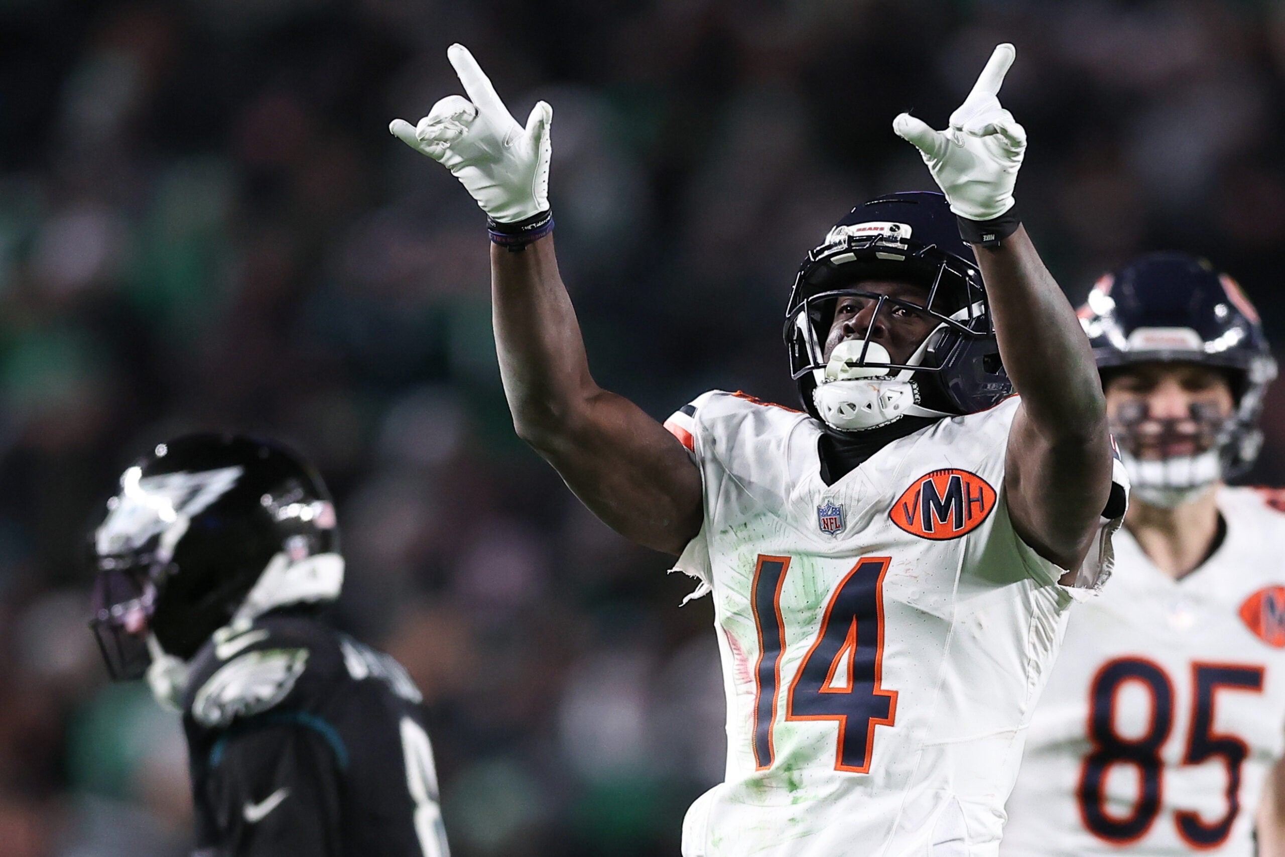 Nov 28, 2025; Philadelphia, Pennsylvania, USA; Chicago Bears wide receiver Olamide Zaccheaus (14) celebrates a first down against the Philadelphia Eagles during the fourth quarter of the game at Lincoln Financial Field.