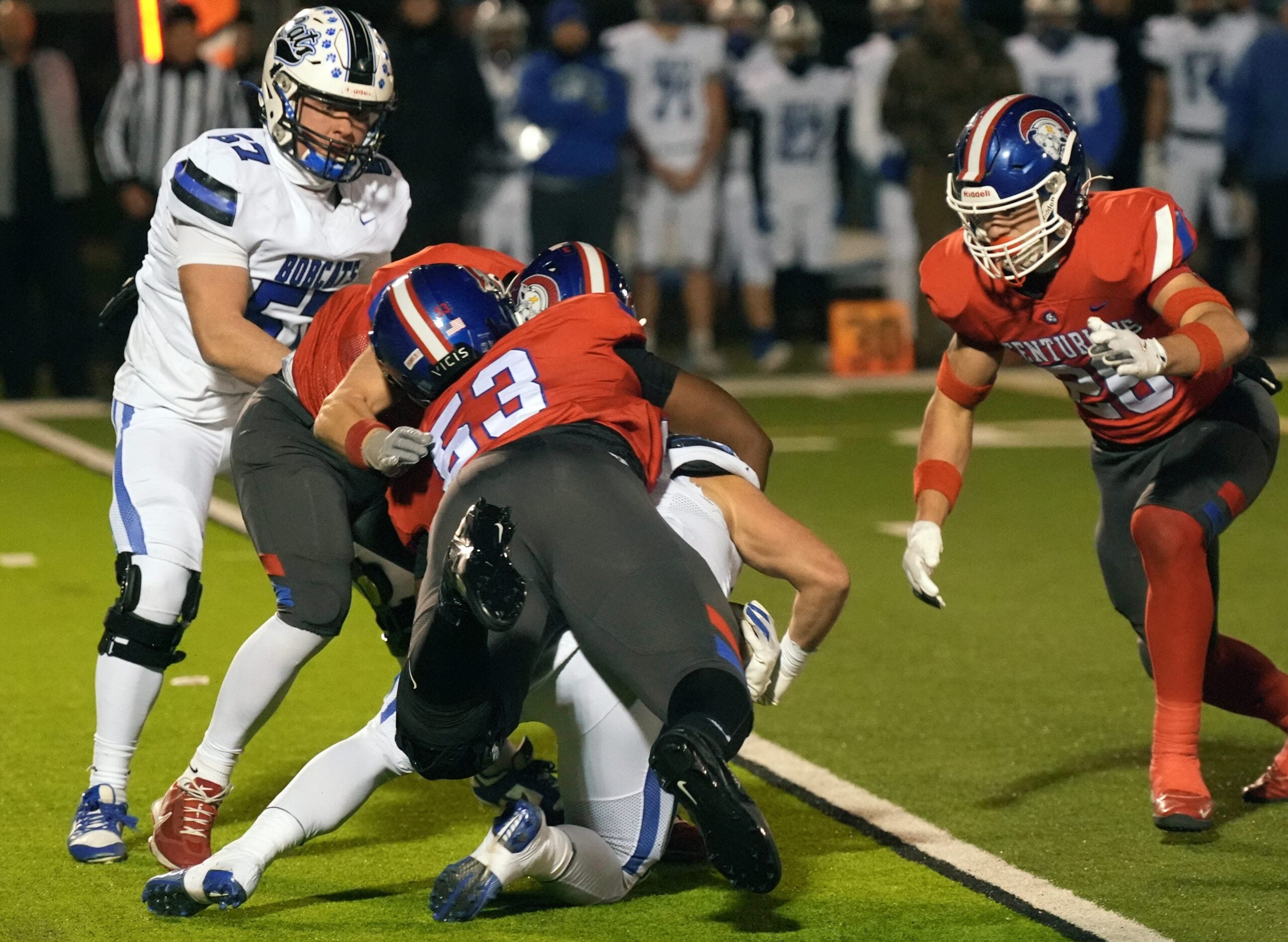 CAL’s Kellan Hall tackles Bell County’s Kaleb Miller in the KHSAA 3A semi final game.