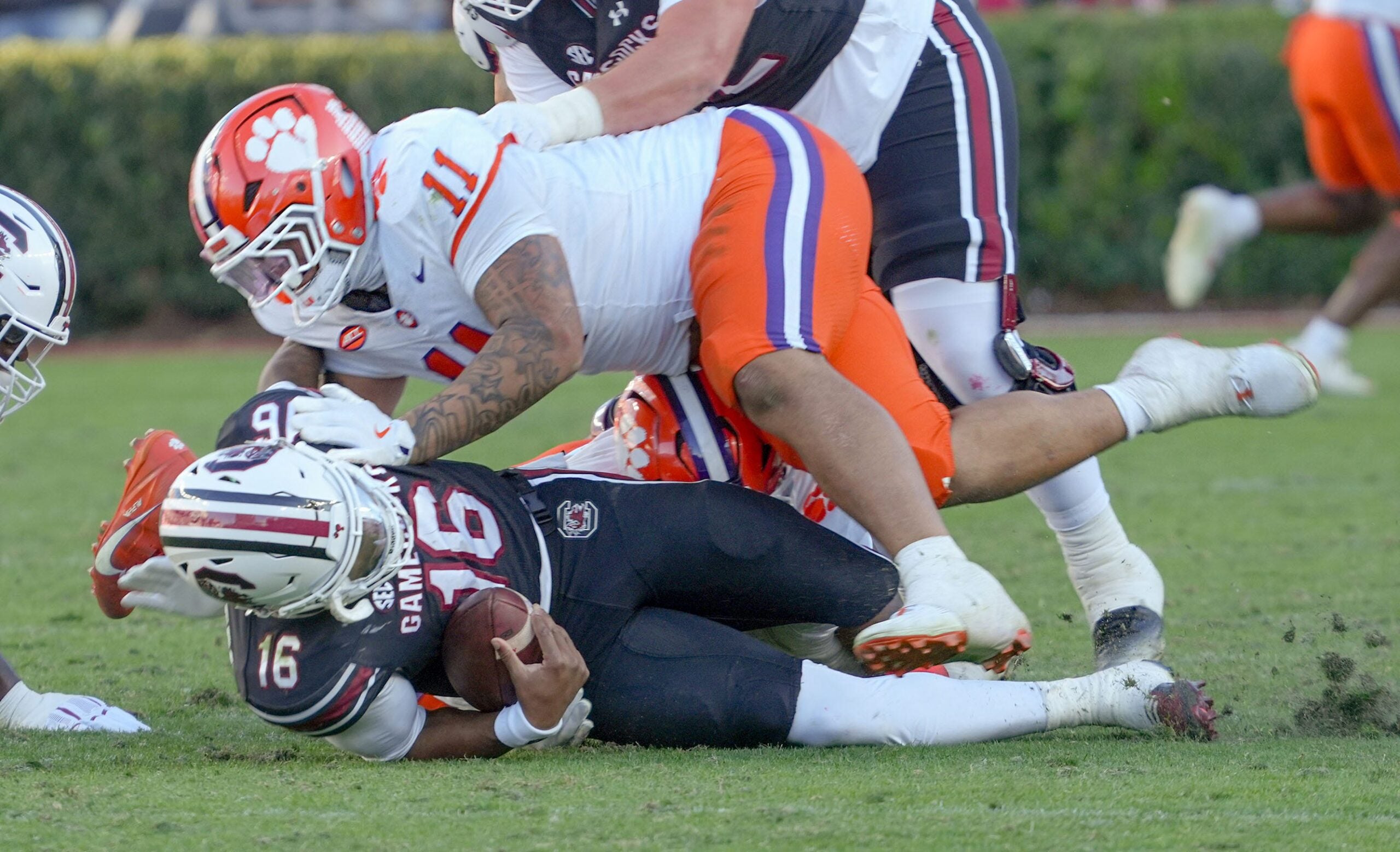 Clemson defensive lineman Peter Woods (11) sacks South Carolina quarterback LaNorris Sellers (16) after the Tigers’ 28-14 win at Williams-Brice Stadium in Columbia, S.C. Saturday, November 29, 2025.