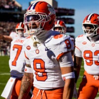 Nov 29, 2025; Columbia, South Carolina, USA; Clemson Tigers cornerback Avieon Terrell (8) celebrates a play against the South Carolina Gamecocks in the first quarter at Williams-Brice Stadium.