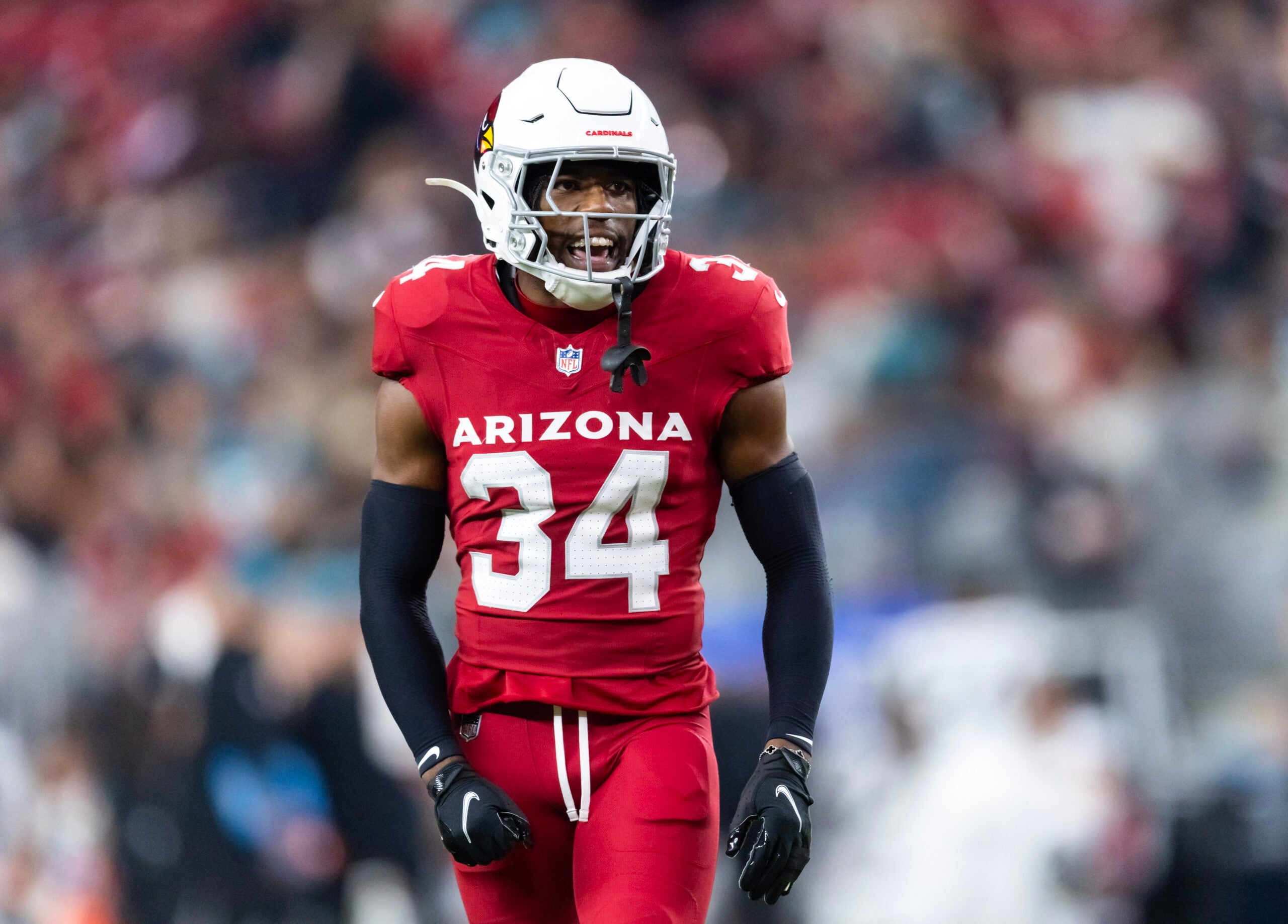 Nov 23, 2025; Glendale, Arizona, USA; Arizona Cardinals safety Jalen Thompson (34) against the Jacksonville Jaguars at State Farm Stadium.