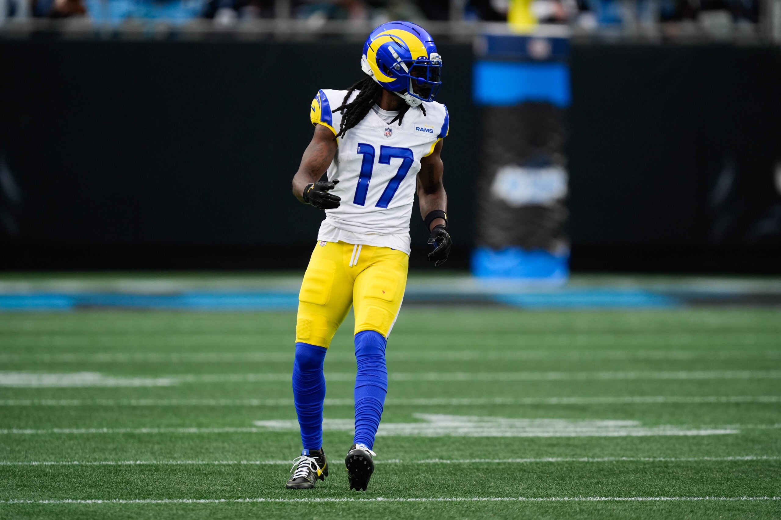 Nov 30, 2025; Charlotte, North Carolina, USA; Los Angeles Rams wide receiver Davante Adams (17) looks on during the first quarter against the Carolina Panthers at Bank of America Stadium.