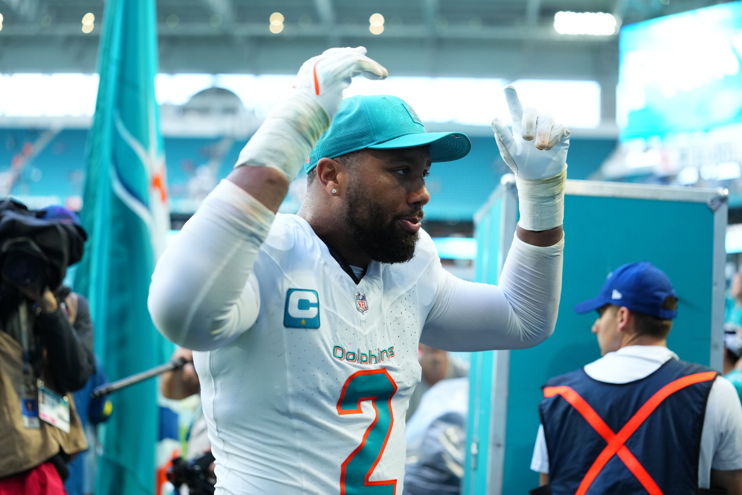 Nov 30, 2025; Miami Gardens, Florida, USA; Miami Dolphins linebacker Bradley Chubb (2) leaves the field following a game against the New Orleans Saints at Hard Rock Stadium.