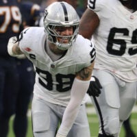 Nov 30, 2025; Inglewood, California, USA; Las Vegas Raiders defensive end Maxx Crosby (98) reacts against the Los Angeles Chargers during the first half at SoFi Stadium.