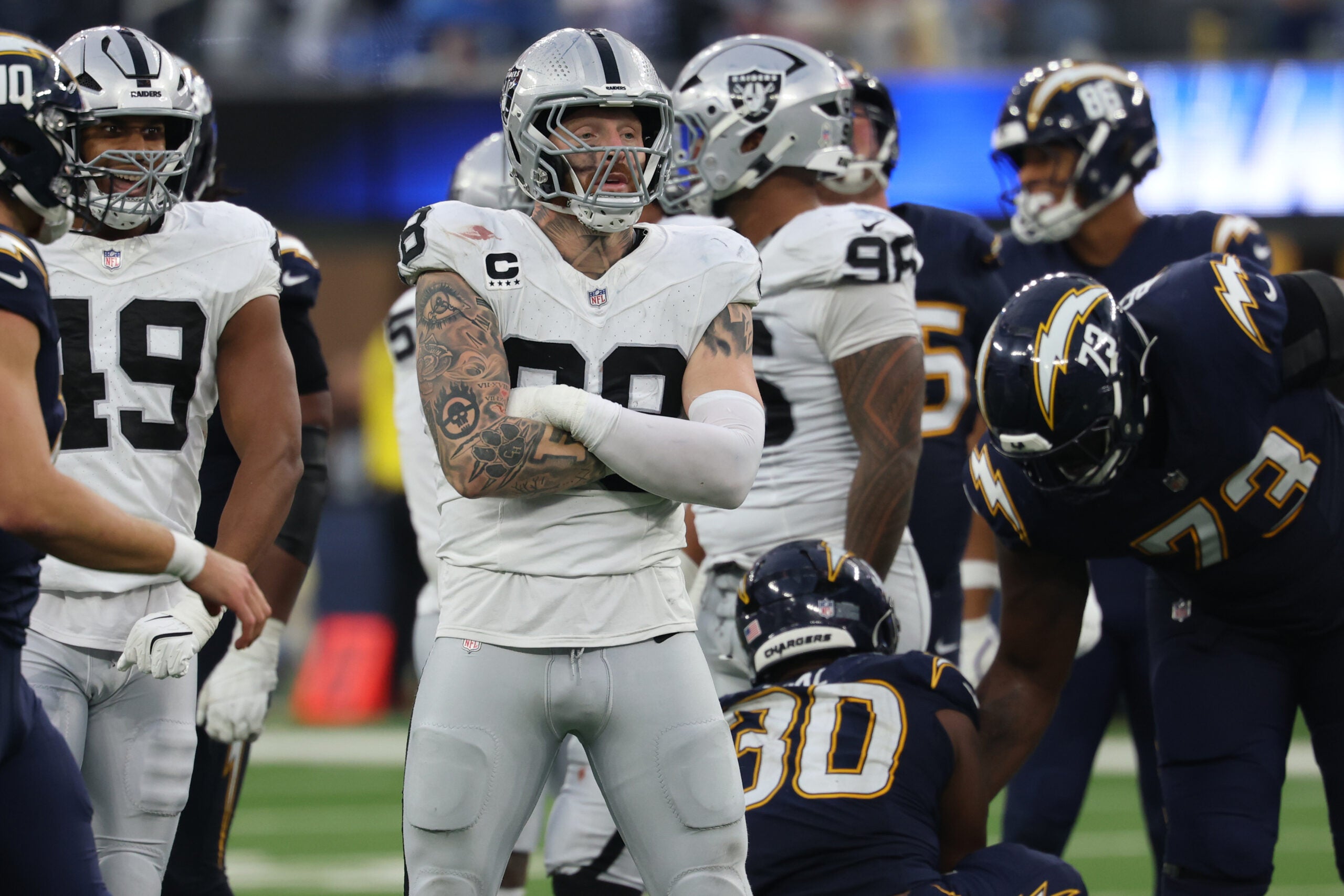 Nov 30, 2025; Inglewood, California, USA; Las Vegas Raiders defensive end Maxx Crosby (98) reacts during the second half at SoFi Stadium.