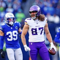 Nov 30, 2025; Seattle, Washington, USA; Minnesota Vikings tight end T.J. Hockenson (87) makes a catch during the second half against the Seattle Seahawks at Lumen Field.