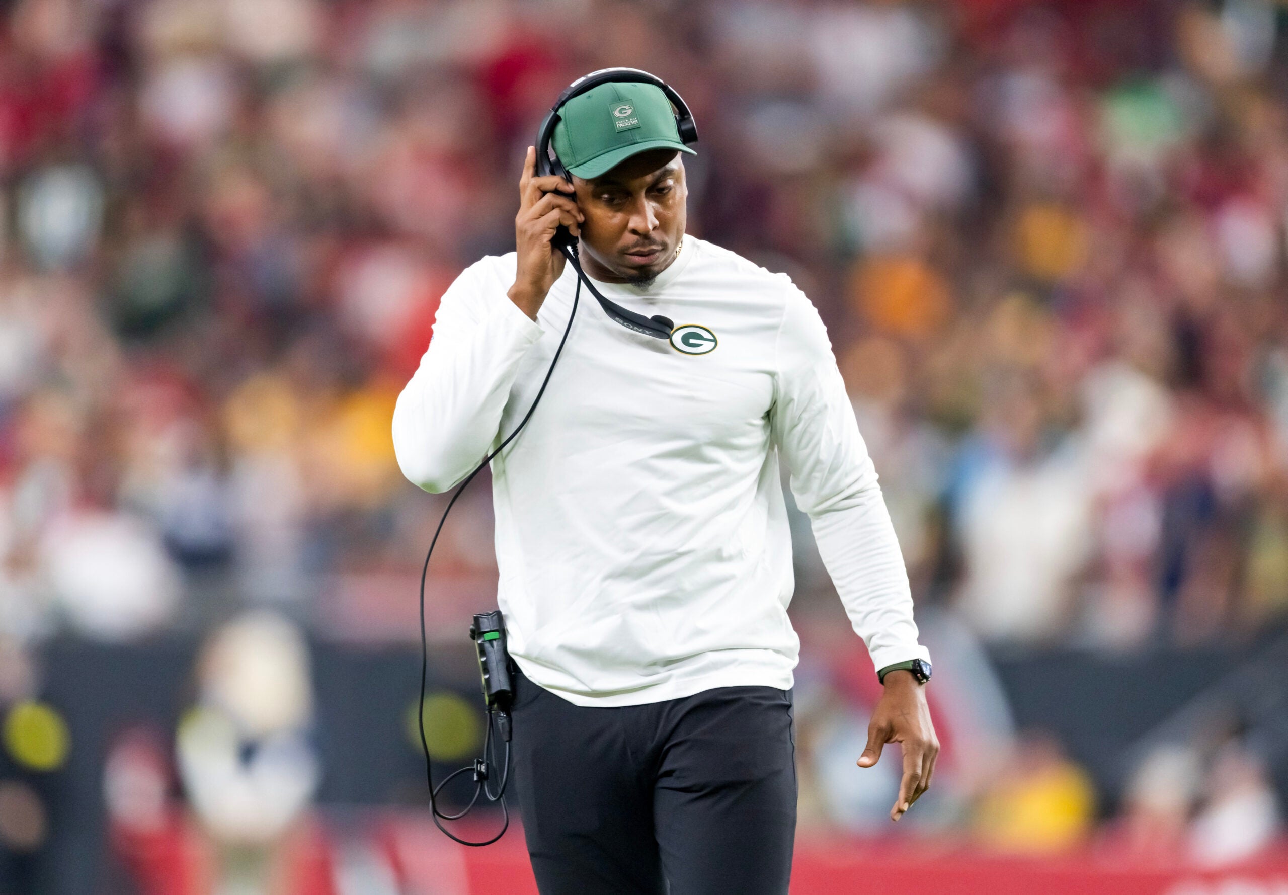 Oct 19, 2025; Glendale, Arizona, USA; Green Bay Packers defensive line coach DeMarcus Covington against the Arizona Cardinals at State Farm Stadium.