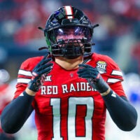 Dec 6, 2025; Arlington, TX, USA; Texas Tech Red Raiders linebacker Jacob Rodriguez (10) warms up before the game against the BYU Cougars at AT&T Stadium.