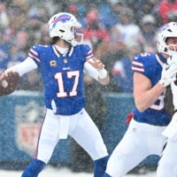 Dec 7, 2025; Orchard Park, New York, USA; Buffalo Bills quarterback Josh Allen (17) throws in the first quarter against the Cincinnati Bengals at Highmark Stadium.