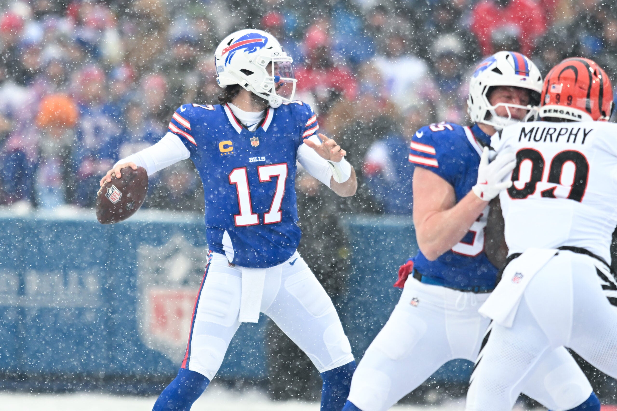 Dec 7, 2025; Orchard Park, New York, USA; Buffalo Bills quarterback Josh Allen (17) throws in the first quarter against the Cincinnati Bengals at Highmark Stadium.