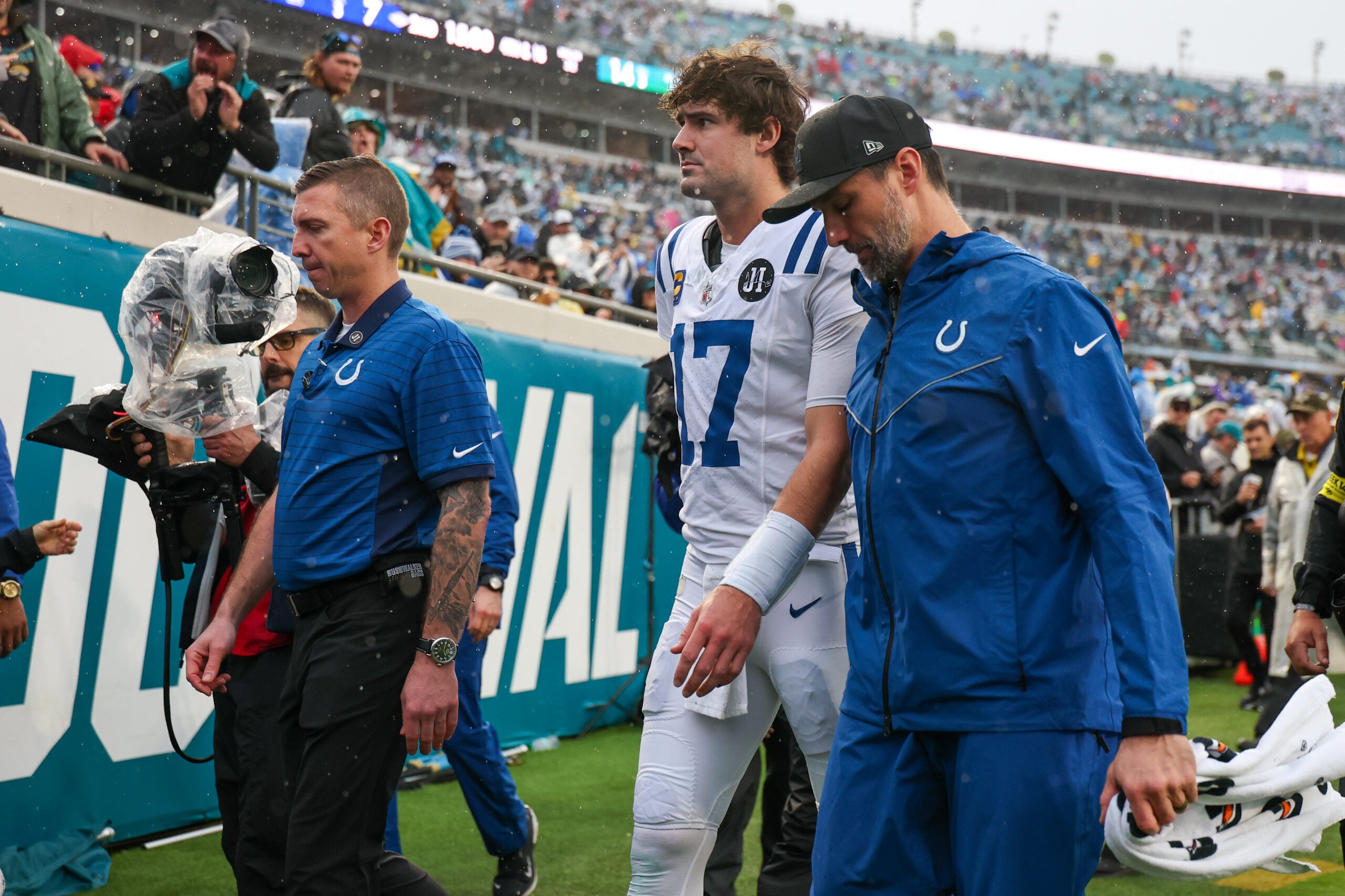 Colts QB Daniel Jones walks off the field after season ending injury