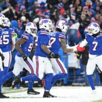 Dec 7, 2025; Orchard Park, New York, USA; Buffalo Bills cornerback Taron Johnson (7) celebrates in the second half against the Cincinnati Bengals at Highmark Stadium.
