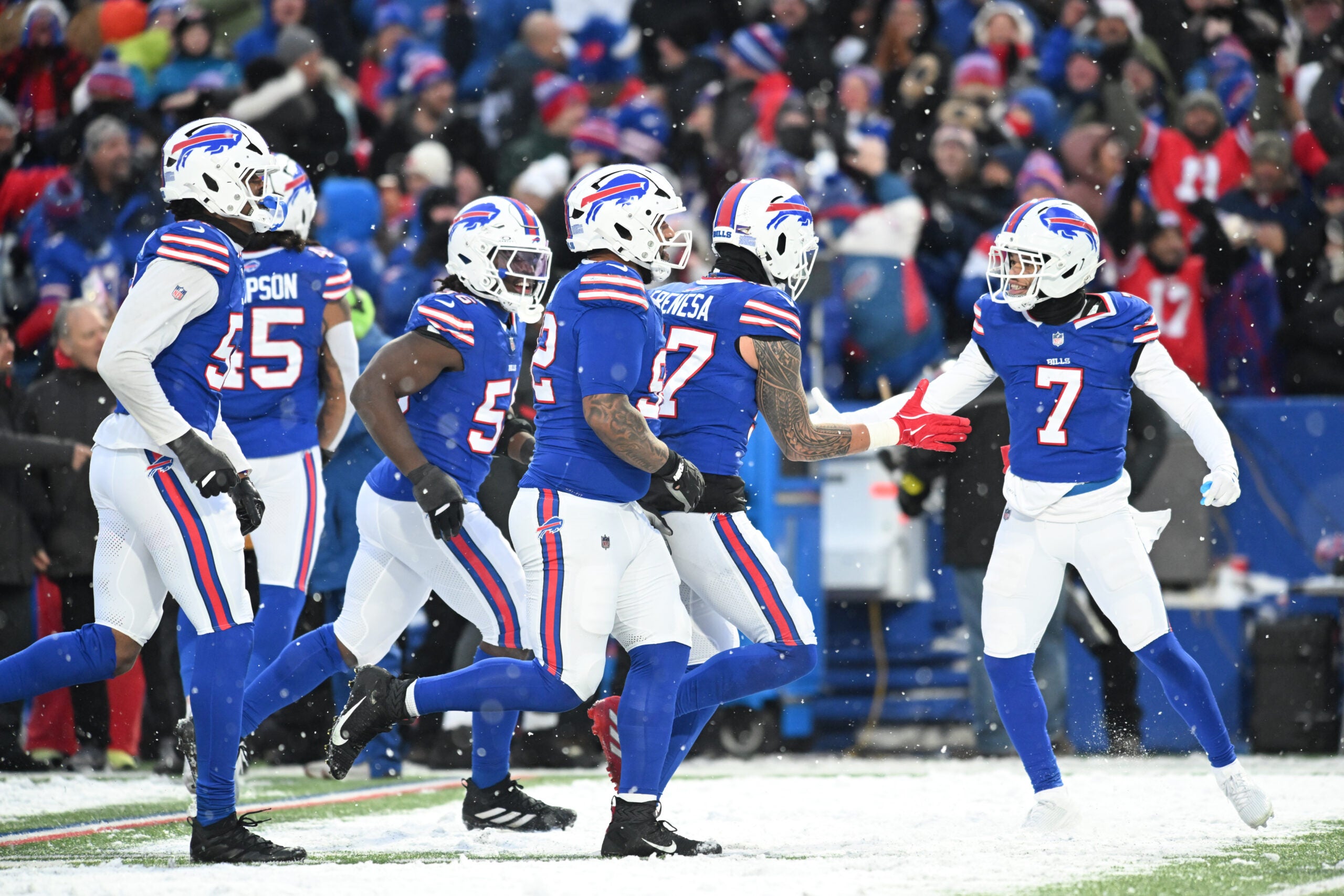 Dec 7, 2025; Orchard Park, New York, USA; Buffalo Bills cornerback Taron Johnson (7) celebrates in the second half against the Cincinnati Bengals at Highmark Stadium.