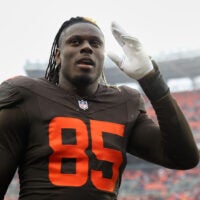 Dec 7, 2025; Cleveland, Ohio, USA; Cleveland Browns tight end David Njoku (85) walks off the field after the game against the Tennessee Titans at Huntington Bank Field.