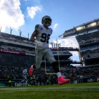 Dec 14, 2025; Philadelphia, Pennsylvania, USA; Las Vegas Raiders defensive end Maxx Crosby (98) runs onto the field before the game against the Philadelphia Eagles at Lincoln Financial Field.