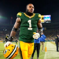 Dec 7, 2025; Green Bay, Wisconsin, USA; Green Bay Packers defensive end Micah Parsons (1) jogs off the field following the game against the Chicago Bears at Lambeau Field.