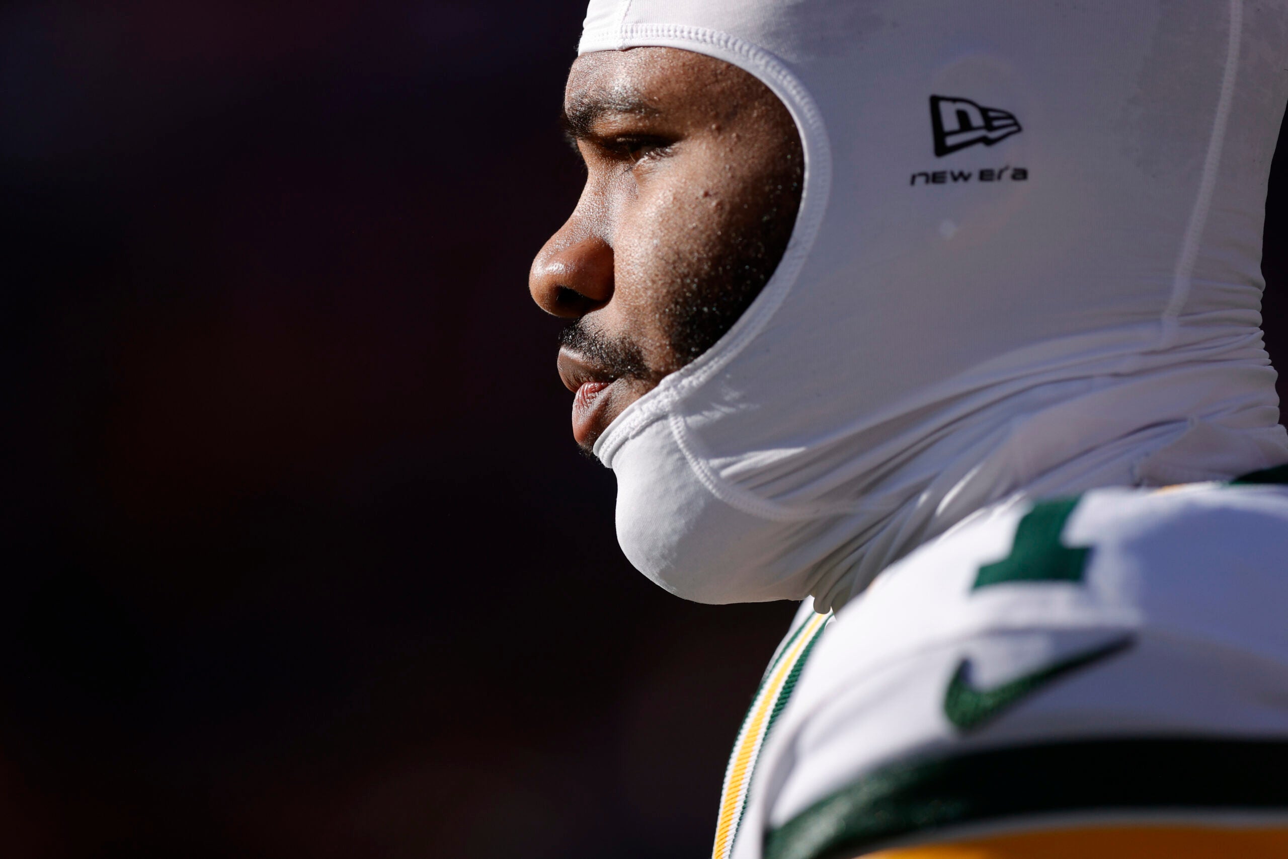 Dec 14, 2025; Denver, Colorado, USA; Green Bay Packers defensive end Micah Parsons (1) warms up before a game against the Denver Broncos at Empower Field at Mile High.