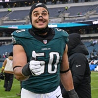 Dec 14, 2025; Philadelphia, Pennsylvania, USA; Philadelphia Eagles linebacker Jaelan Phillips (50) walks off the field after win against the Las Vegas Raiders at Lincoln Financial Field.