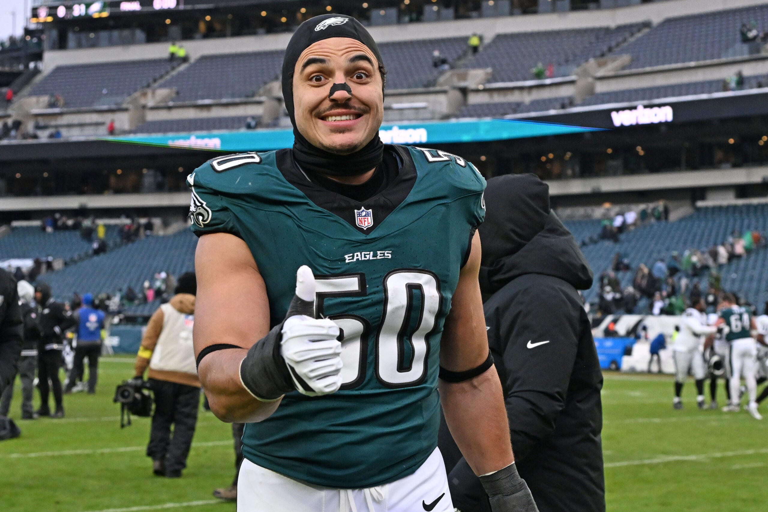 Dec 14, 2025; Philadelphia, Pennsylvania, USA; Philadelphia Eagles linebacker Jaelan Phillips (50) walks off the field after win against the Las Vegas Raiders at Lincoln Financial Field.