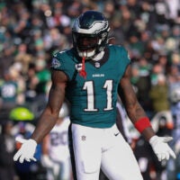 Dec 14, 2025; Philadelphia, Pennsylvania, USA; Philadelphia Eagles wide receiver A.J. Brown (11) reacts after an unsuccessful play against the Las Vegas Raiders during the second quarter at Lincoln Financial Field.
