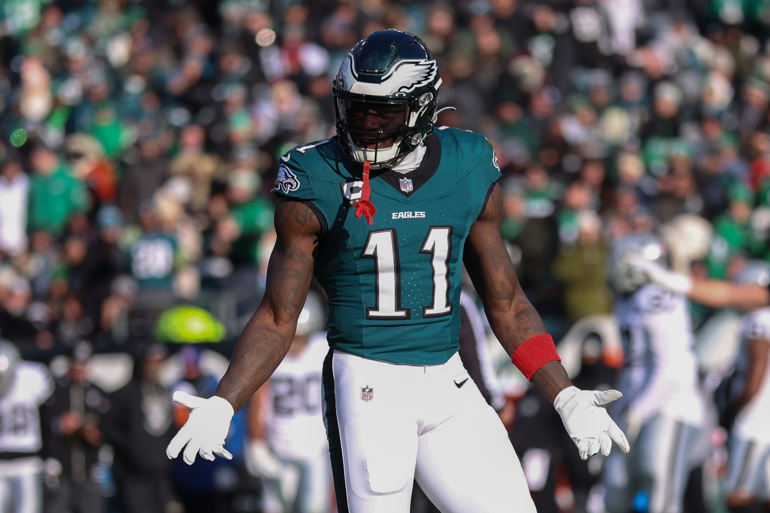 Dec 14, 2025; Philadelphia, Pennsylvania, USA; Philadelphia Eagles wide receiver A.J. Brown (11) reacts after an unsuccessful play against the Las Vegas Raiders during the second quarter at Lincoln Financial Field.