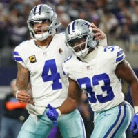 Dec 14, 2025; Arlington, Texas, USA; Dallas Cowboys running back Javonte Williams (33) celebrates with quarterback Dak Prescott (4) after a touchdown during the first half against the Minnesota Vikings at AT&T Stadium.