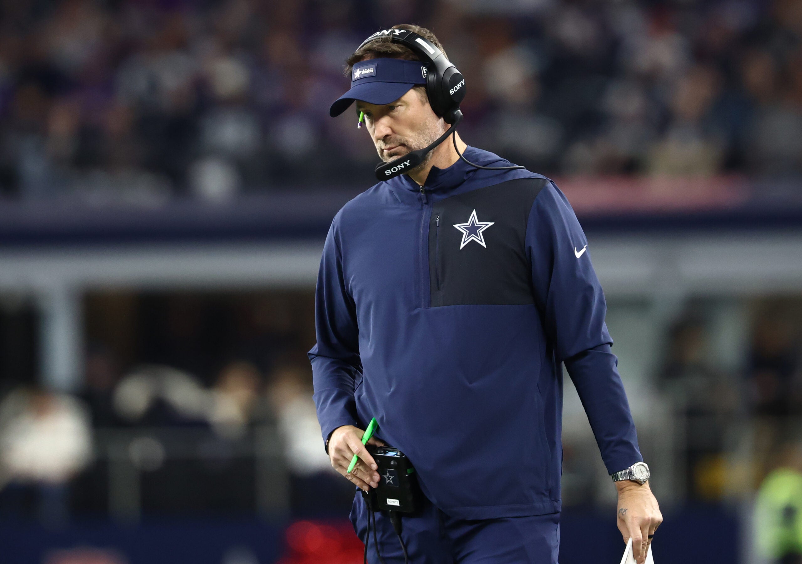 Dec 14, 2025; Arlington, Texas, USA; Dallas Cowboys head coach Brian Schottenheimer during the second half against the Minnesota Vikings at AT&T Stadium.