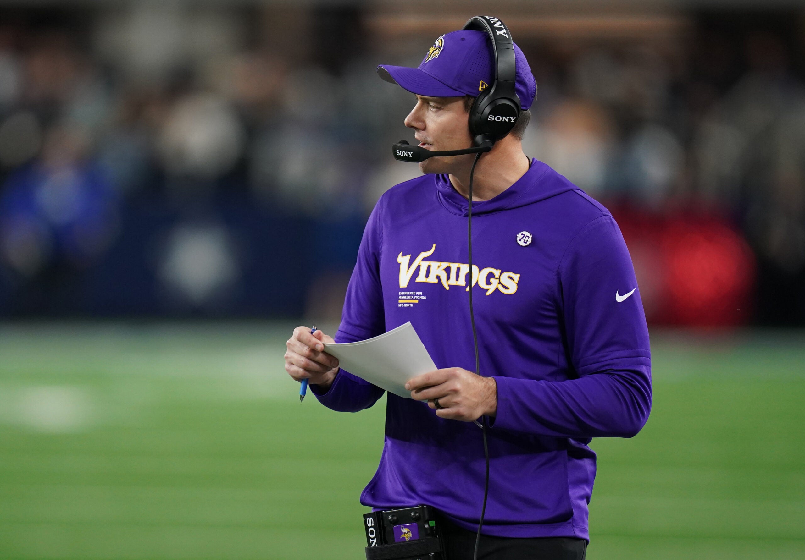 Dec 14, 2025; Arlington, Texas, USA; Minnesota Vikings head coach Kevin O'Connell during the second half against the Dallas Cowboys at AT&T Stadium.