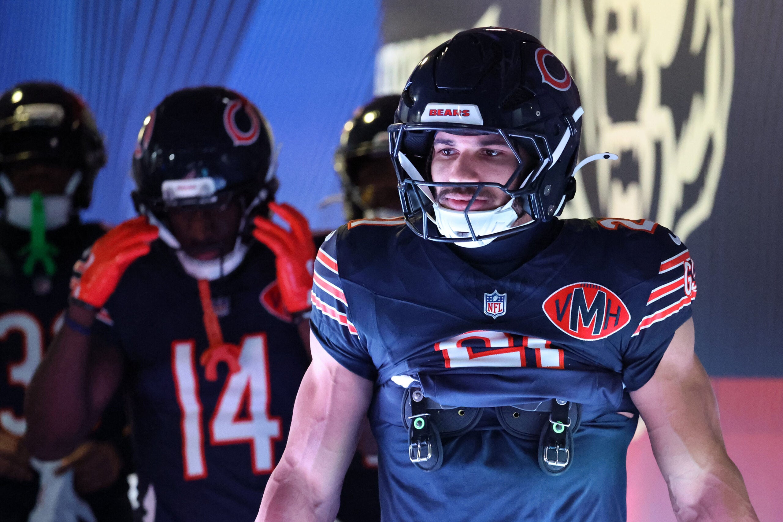 Dec 20, 2025; Chicago, Illinois, USA; Chicago Bears running back Travis Homer (21) takes the field before the game against the Green Bay Packers at Soldier Field.