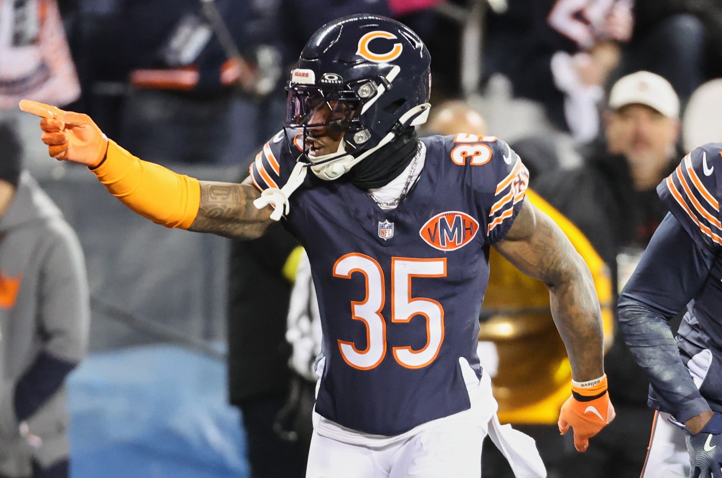 Dec 20, 2025; Chicago, Illinois, USA; Chicago Bears safety C.J. Gardner-Johnson (35) acknowledges the crowd against the Green Bay Packers during the first quarter at Soldier Field.