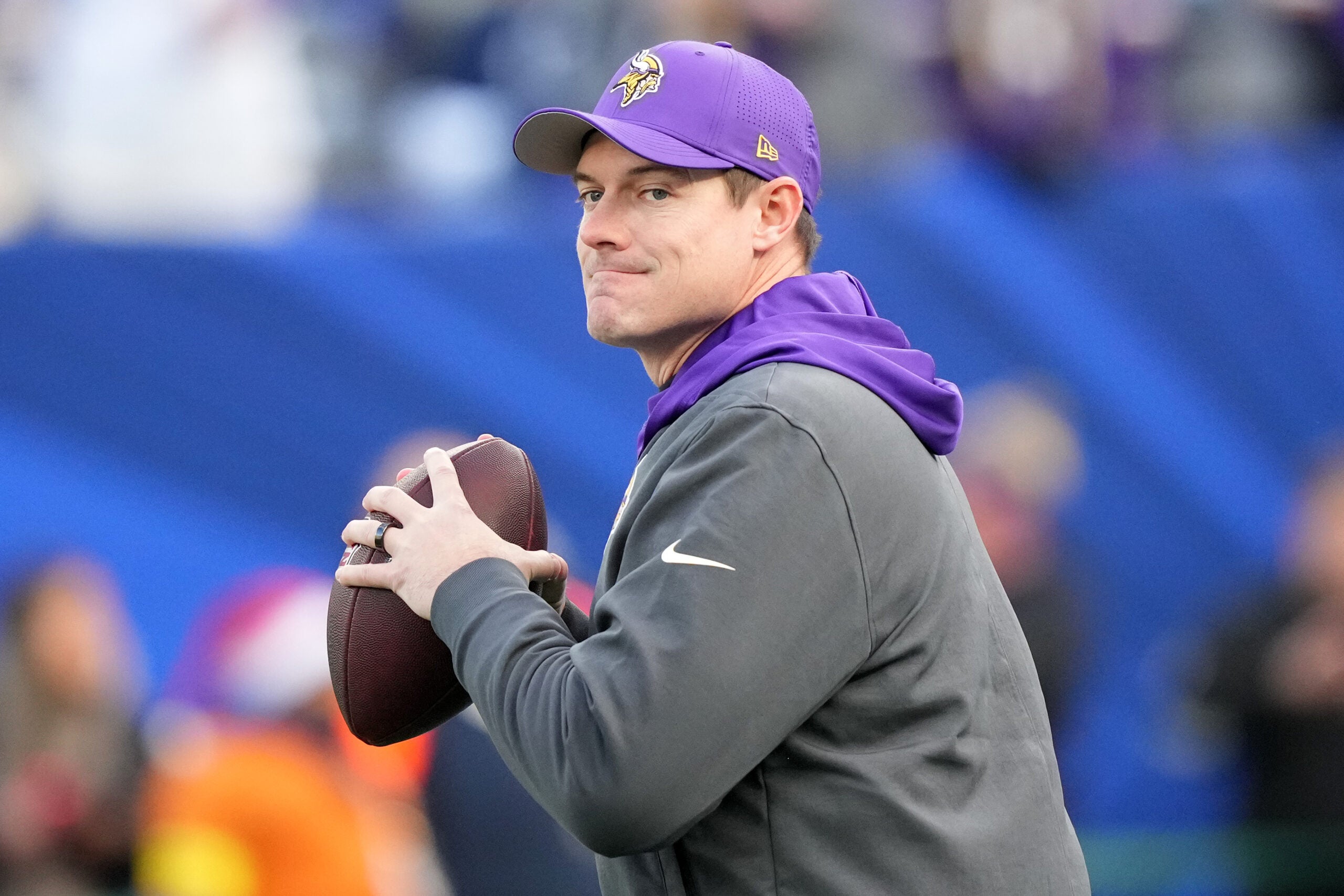 Dec 21, 2025; East Rutherford, New Jersey, USA; Minnesota Vikings head coach Kevin O'Connell before the game at MetLife Stadium.