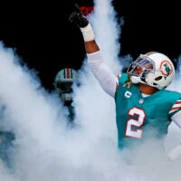 Dec 21, 2025; Miami Gardens, Florida, USA; Miami Dolphins linebacker Bradley Chubb (2) runs on the field at the start of the game against the Cincinnati Bengals at Hard Rock Stadium.