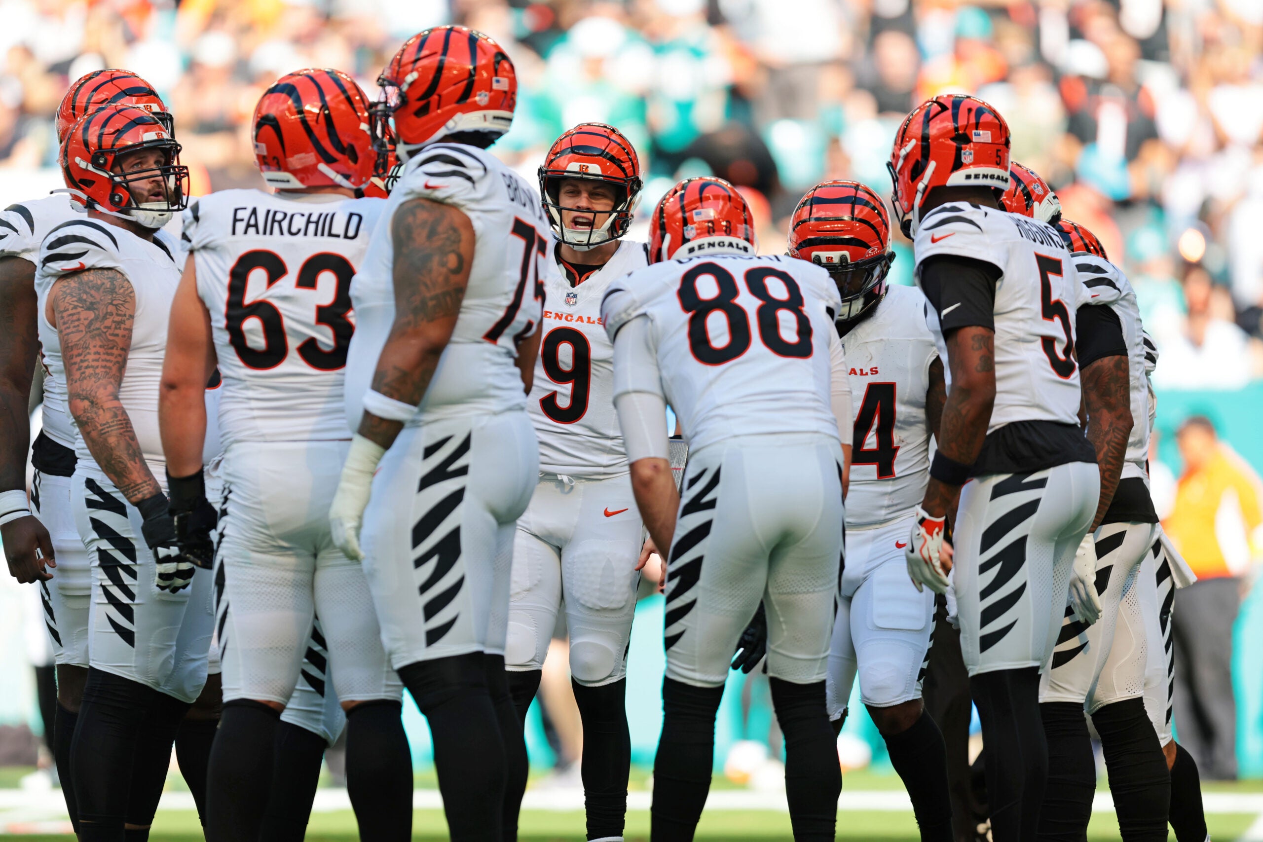 Dec 21, 2025; Miami Gardens, Florida, USA; The Cincinnati Bengals huddle up before the game against the Miami Dolphins at Hard Rock Stadium.