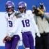 Dec 21, 2025; East Rutherford, New Jersey, USA; Minnesota Vikings quarterback J.J. McCarthy (9) reacts with wide receiver Justin Jefferson (18) after rushing for a touchdown against the New York Giants during the first half at MetLife Stadium.