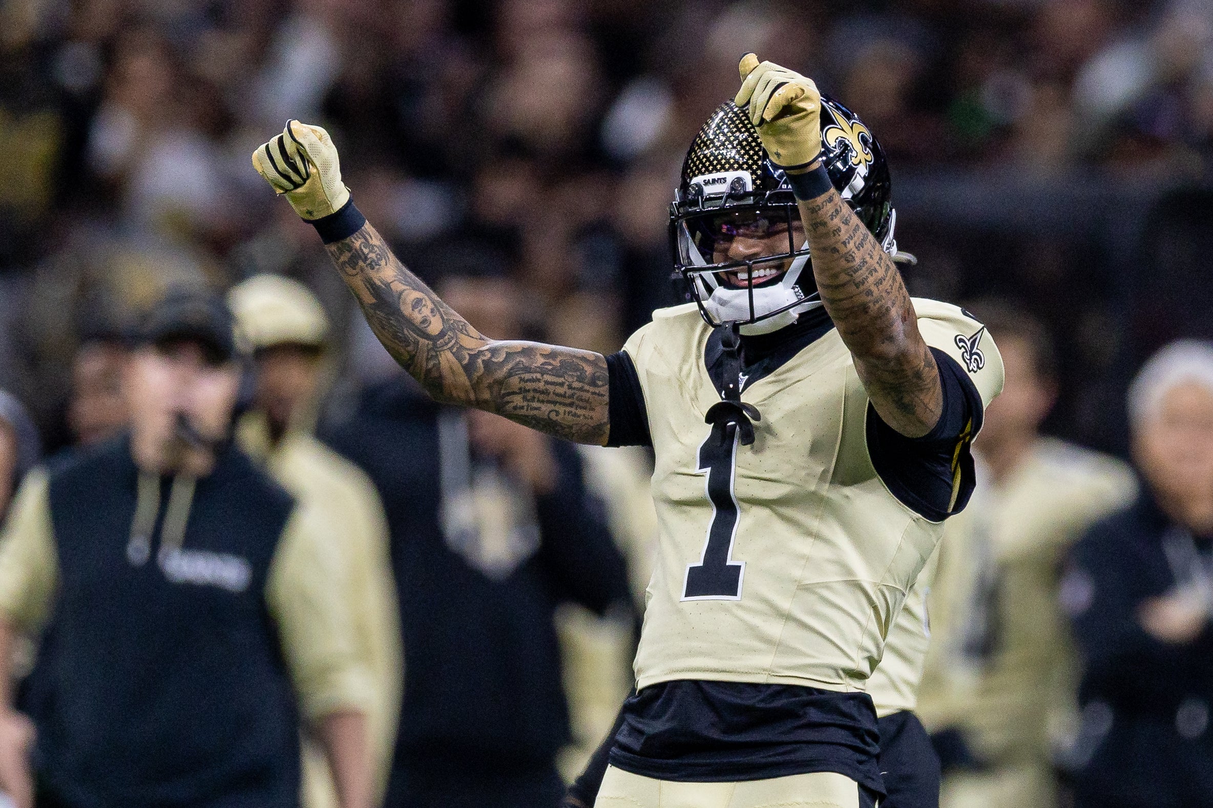 Dec 21, 2025; New Orleans, Louisiana, USA; New Orleans Saints cornerback Alontae Taylor (1) reacts to making a tackle against New York Jets quarterback Brady Cook (not pictured) during the first half at Caesars Superdome.