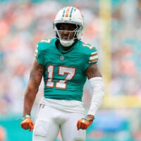 Dec 21, 2025; Miami Gardens, Florida, USA; Miami Dolphins wide receiver Jaylen Waddle (17) reacts during the second quarter against the Cincinnati Bengals at Hard Rock Stadium.