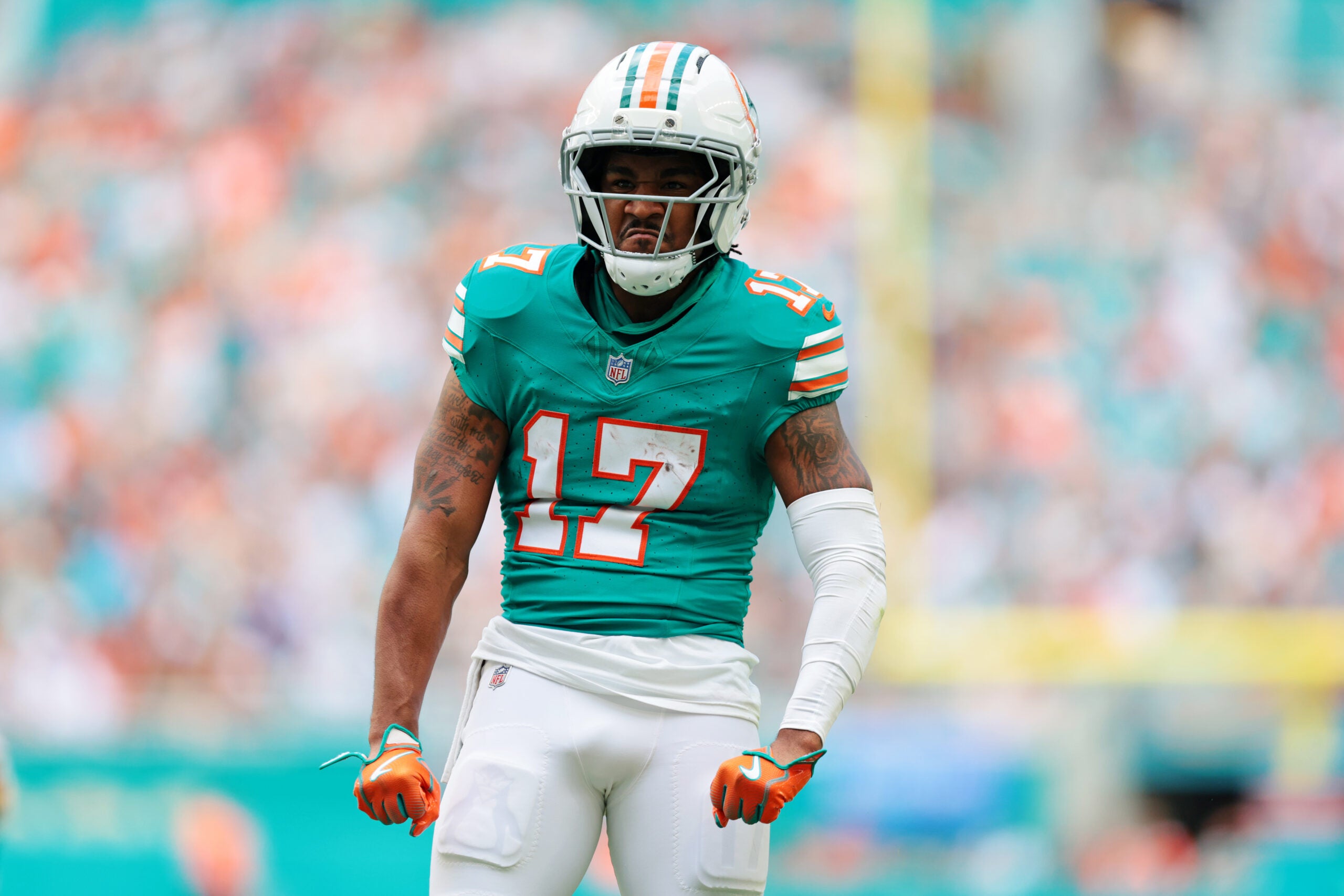 Dec 21, 2025; Miami Gardens, Florida, USA; Miami Dolphins wide receiver Jaylen Waddle (17) reacts during the second quarter against the Cincinnati Bengals at Hard Rock Stadium.