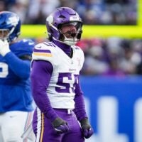 Minnesota Vikings linebacker Eric Wilson (55) celebrates during a game against the New York Giants at MetLife Stadium, Dec 21, 2025, East Rutherford, NJ, USA