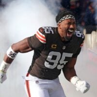 Cleveland Browns defensive end Myles Garrett (95) takes the field before an NFL football game at Huntington Bank Field, Dec. 21, 2025, in Cleveland, Ohio.