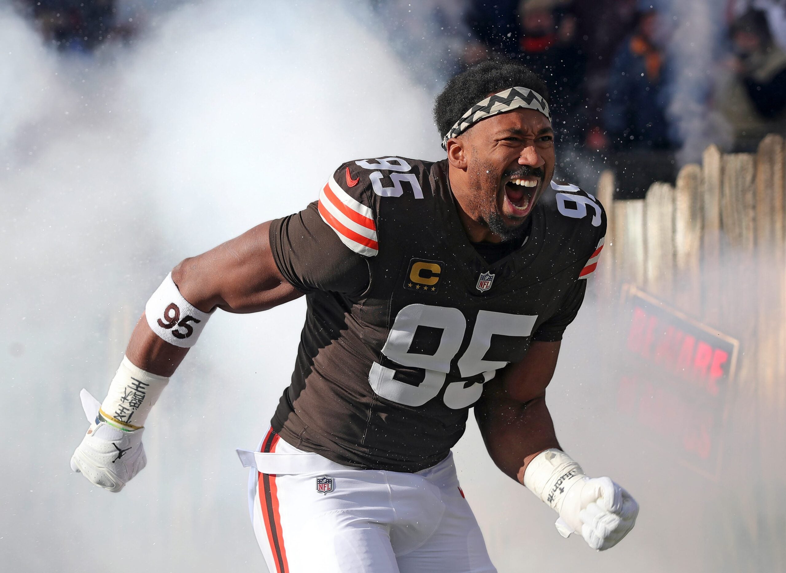 Cleveland Browns defensive end Myles Garrett (95) takes the field before an NFL football game at Huntington Bank Field, Dec. 21, 2025, in Cleveland, Ohio.