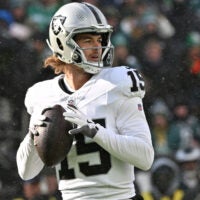Dec 14, 2025; Philadelphia, Pennsylvania, USA; Las Vegas Raiders quarterback Kenny Pickett (15) against the Philadelphia Eagles at Lincoln Financial Field.