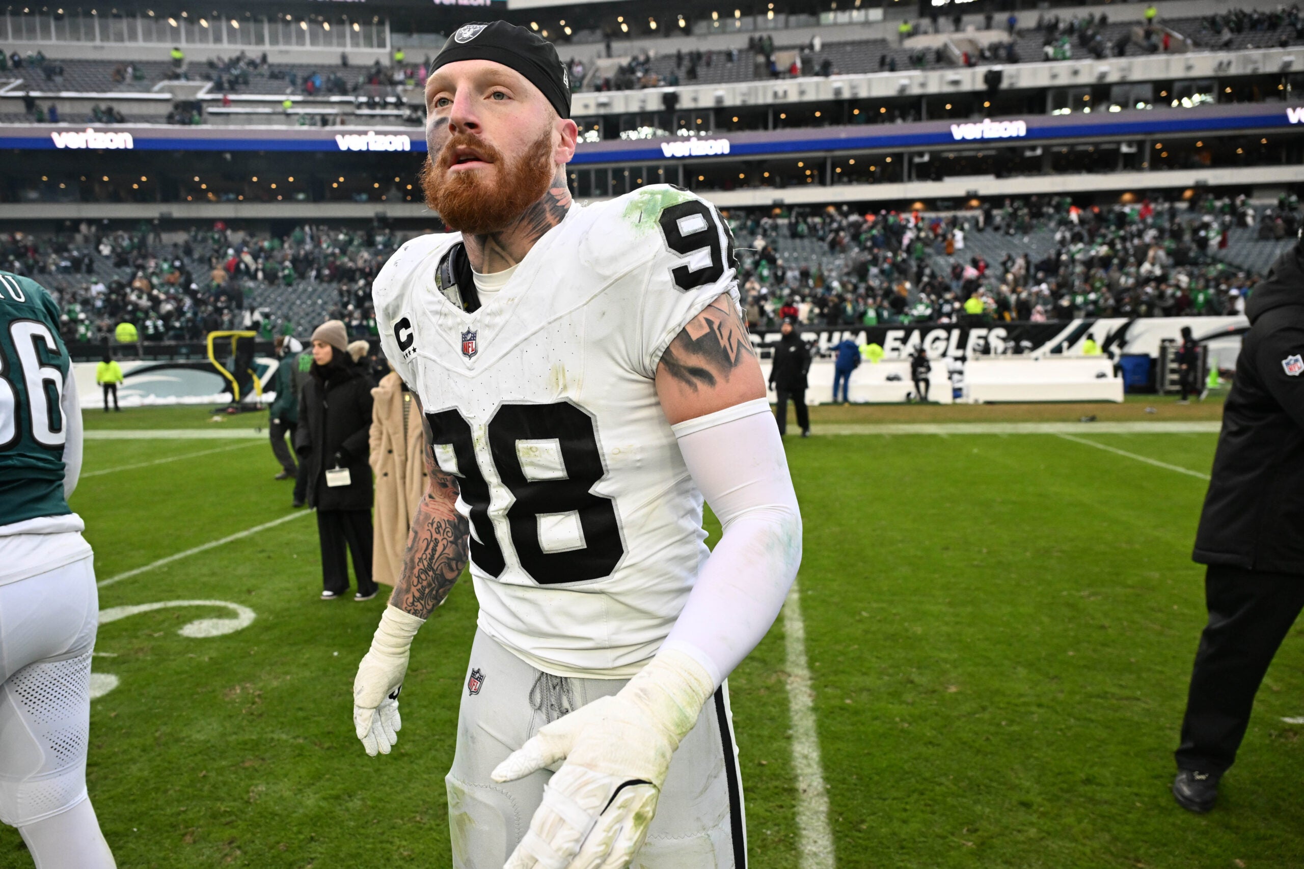 Dec 14, 2025; Philadelphia, Pennsylvania, USA; Las Vegas Raiders defensive end Maxx Crosby (98) on the field after loss to the Philadelphia Eagles at Lincoln Financial Field.