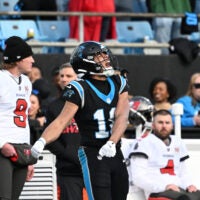 Dec 21, 2025; Charlotte, North Carolina, USA; Carolina Panthers wide receiver Jalen Coker (18) reacts in the fourth quarter at Bank of America Stadium.