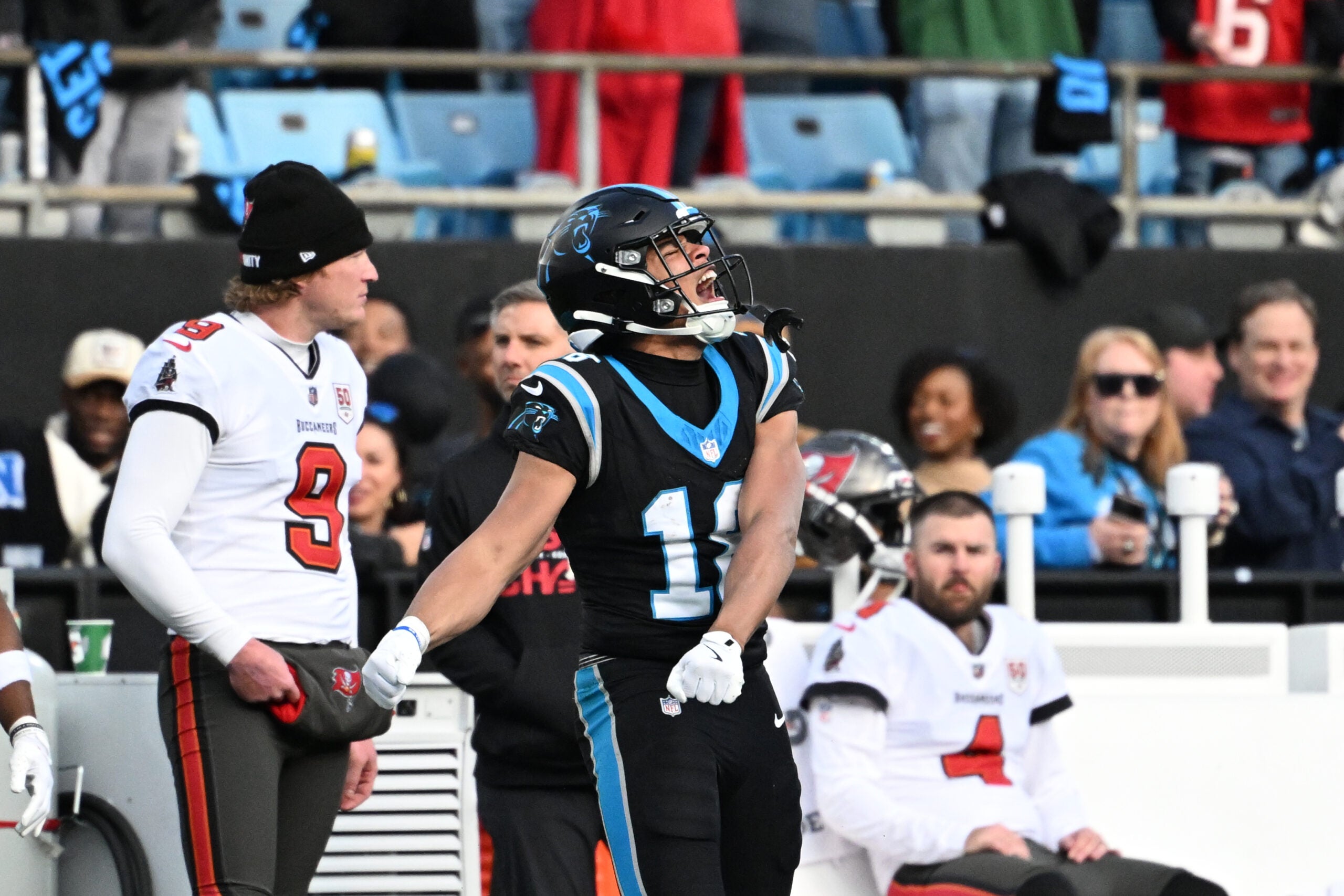 Dec 21, 2025; Charlotte, North Carolina, USA; Carolina Panthers wide receiver Jalen Coker (18) reacts in the fourth quarter at Bank of America Stadium.