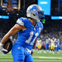 Dec 21, 2025; Detroit, Michigan, USA; Detroit Lions wide receiver Kalif Raymond (11) celebrates after scoring a touchdown during the fourth quarter against the Pittsburgh Steelers at Ford Field.