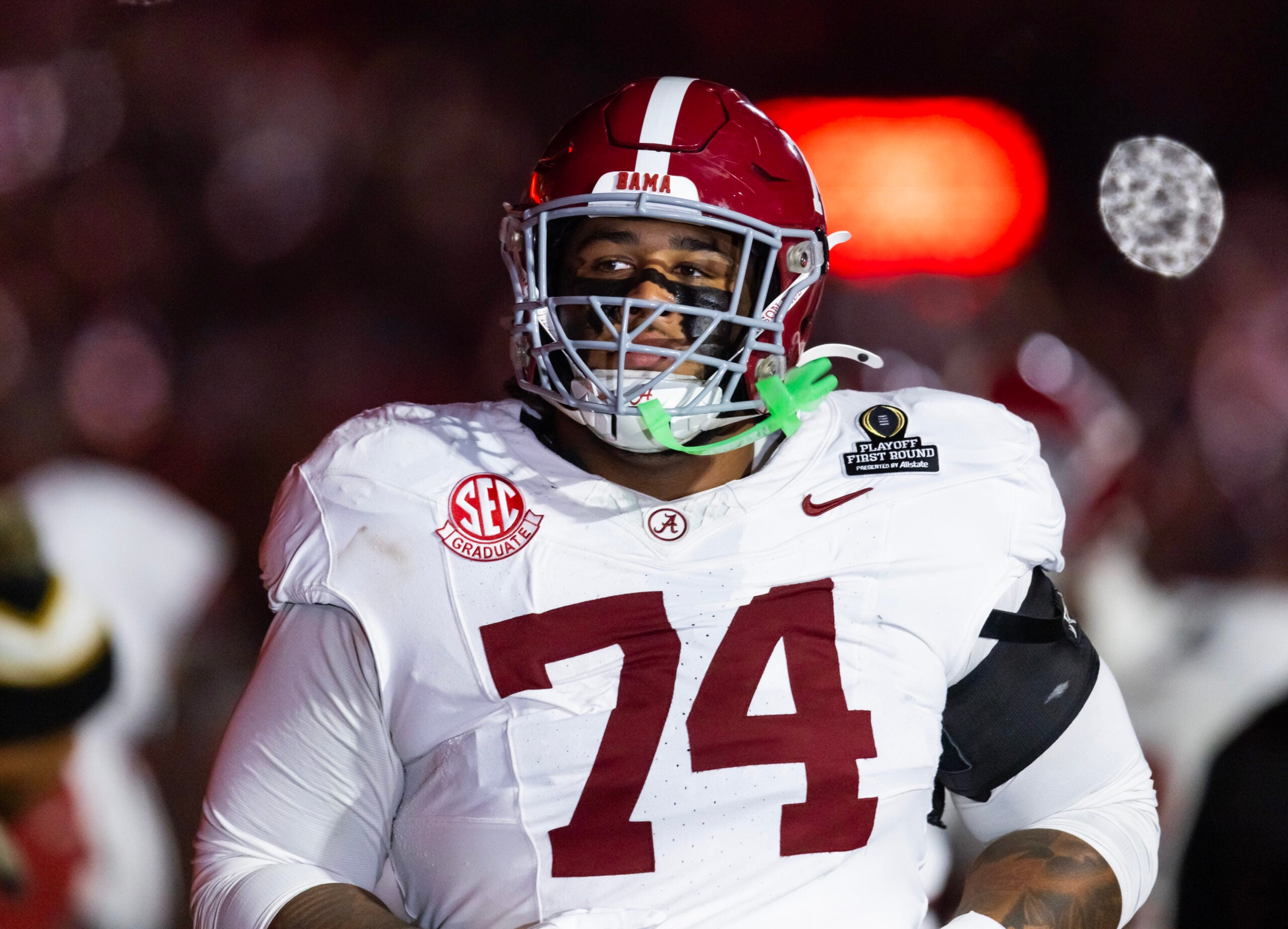 Dec 19, 2025; Norman, OK, USA; Alabama Crimson Tide offensive lineman Kadyn Proctor (74) against the Oklahoma Sooners during the CFP National Playoff First Round at Gaylord Family Oklahoma Memorial Stadium.