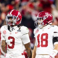 Dec 19, 2025; Norman, OK, USA; Alabama Crimson Tide defensive back Keon Sabb (3) and defensive back Bray Hubbard (18) against the Oklahoma Sooners during the CFP National Playoff First Round at Gaylord Family Oklahoma Memorial Stadium.