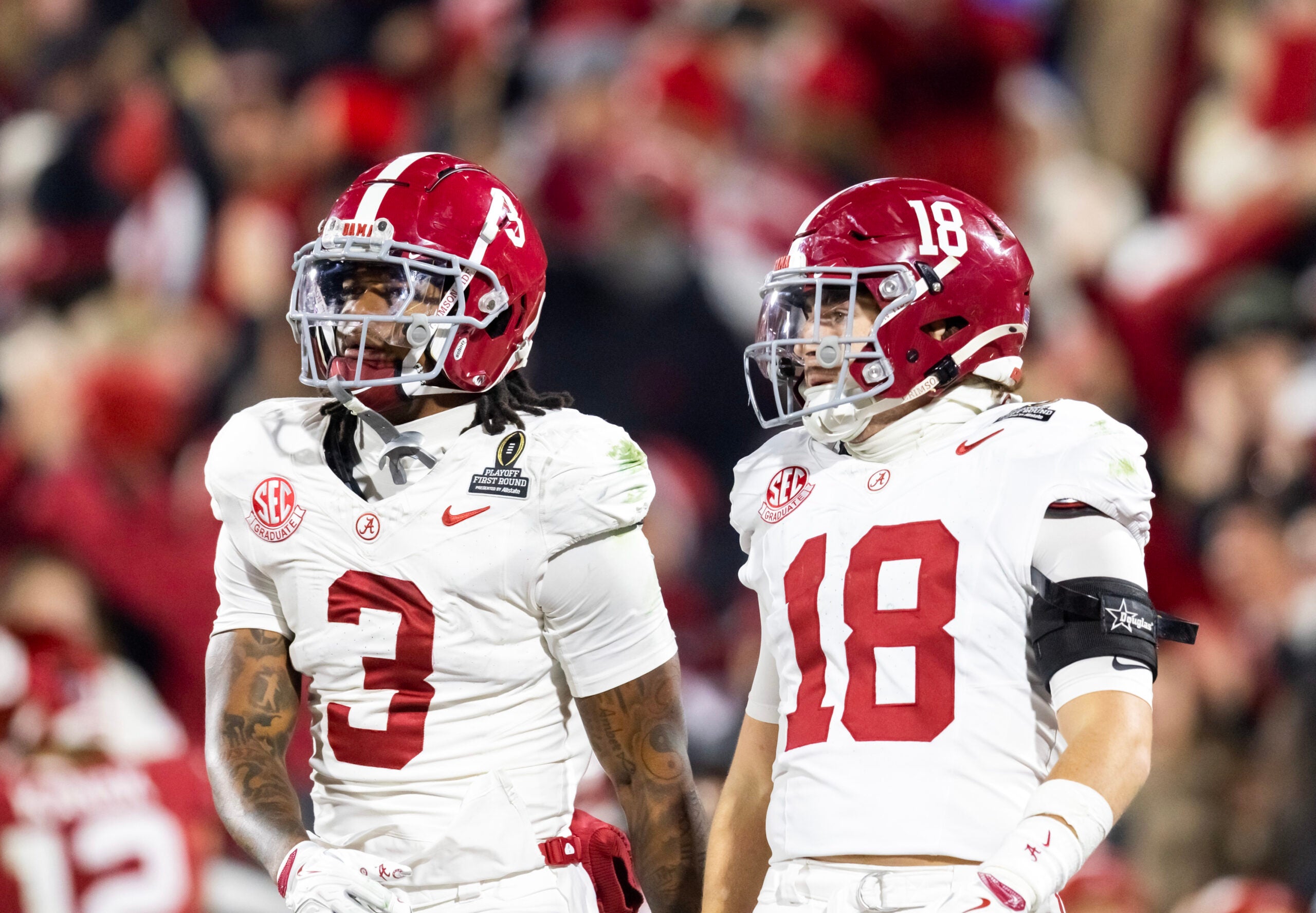 Dec 19, 2025; Norman, OK, USA; Alabama Crimson Tide defensive back Keon Sabb (3) and defensive back Bray Hubbard (18) against the Oklahoma Sooners during the CFP National Playoff First Round at Gaylord Family Oklahoma Memorial Stadium.
