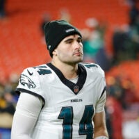 Dec 20, 2025; Landover, Maryland, USA; Philadelphia Eagles quarterback Sam Howell (14) walks off the field after the game against the Washington Commanders at Northwest Stadium.